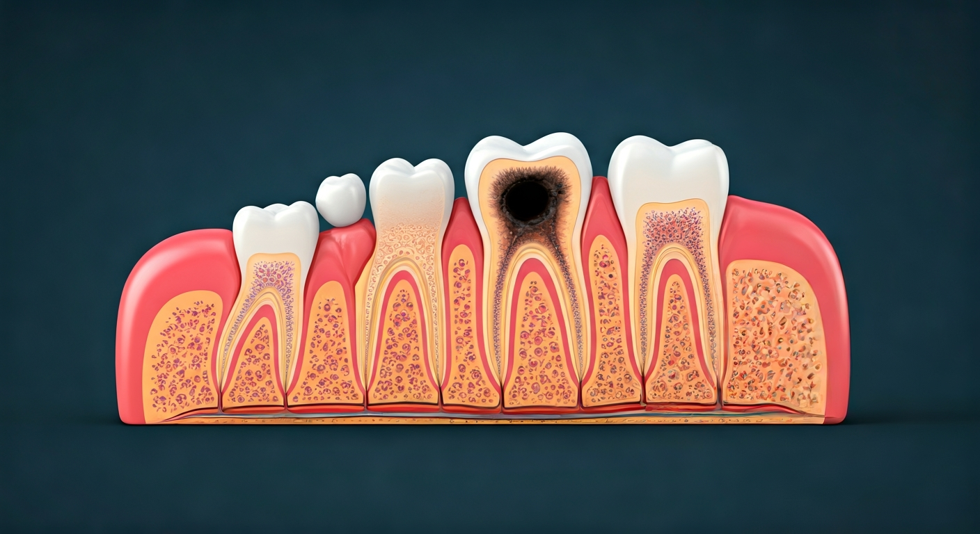 Illustration showing a tooth's cross-section with progressive stages of a cavity, from enamel demineralization to a deep dentin lesion.