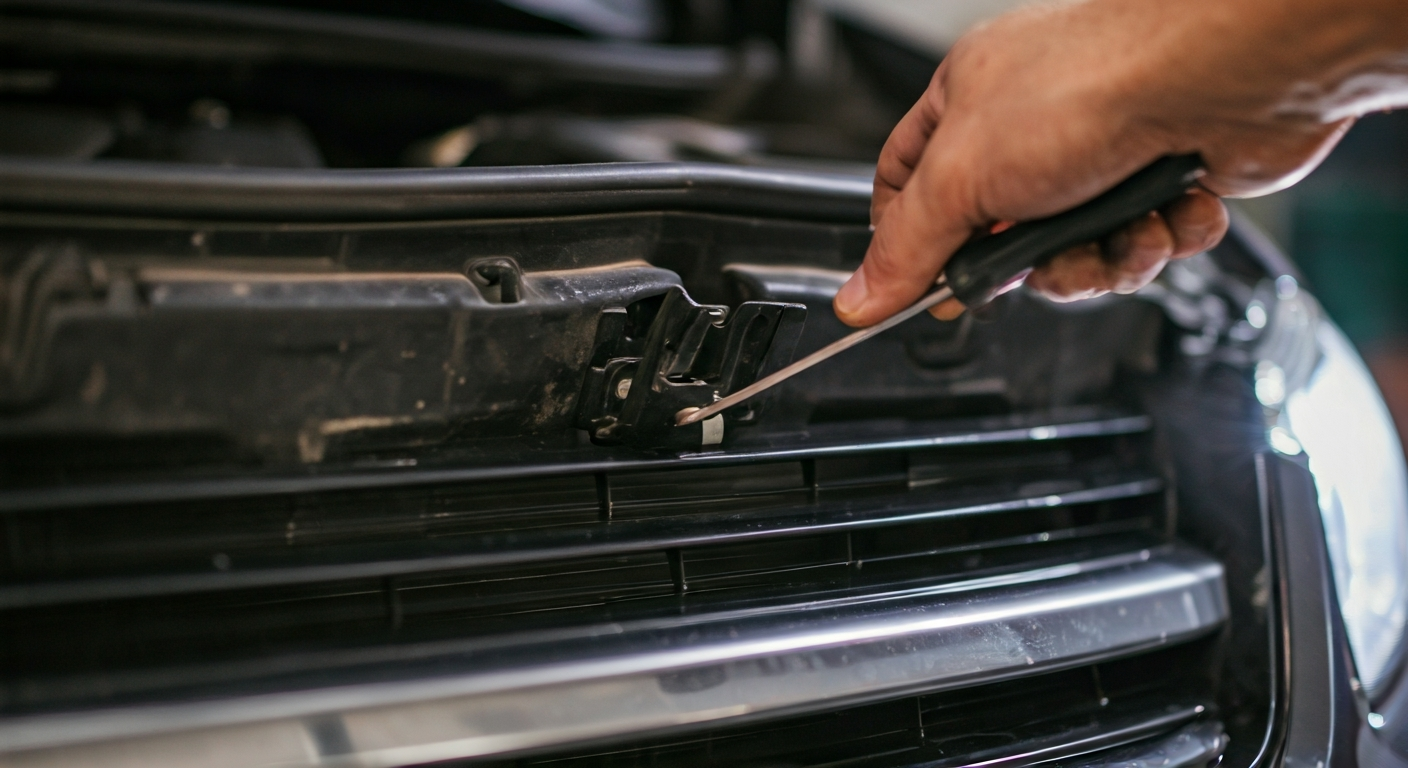 A hand using a tool to manually open a car hood latch, seen through the grille, with a flashlight revealing the mechanism.