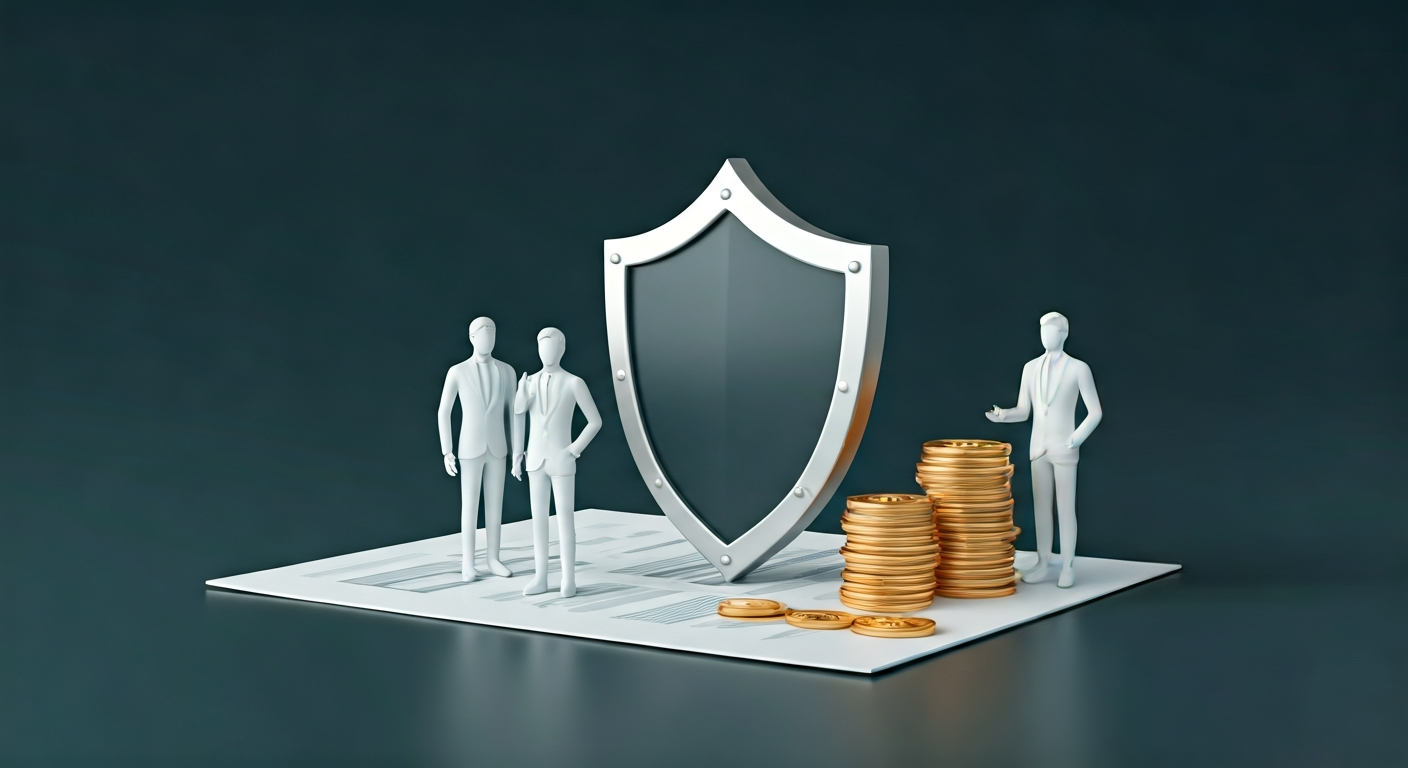 Abstract illustration of a clear shield protecting a family and house from falling legal documents and money, representing liability insurance.