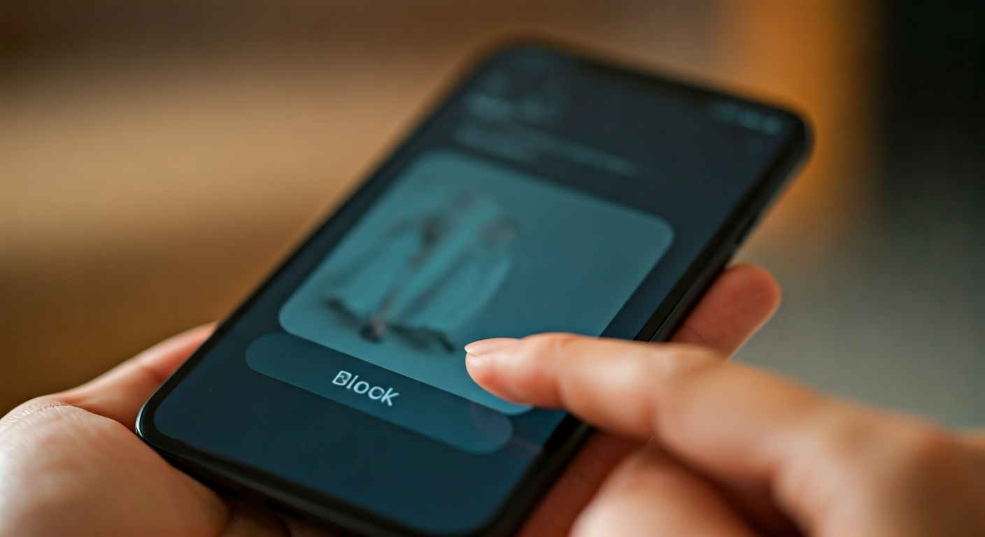 A hand holding a smartphone, tapping the 'Block' button on a TikTok user's profile screen.