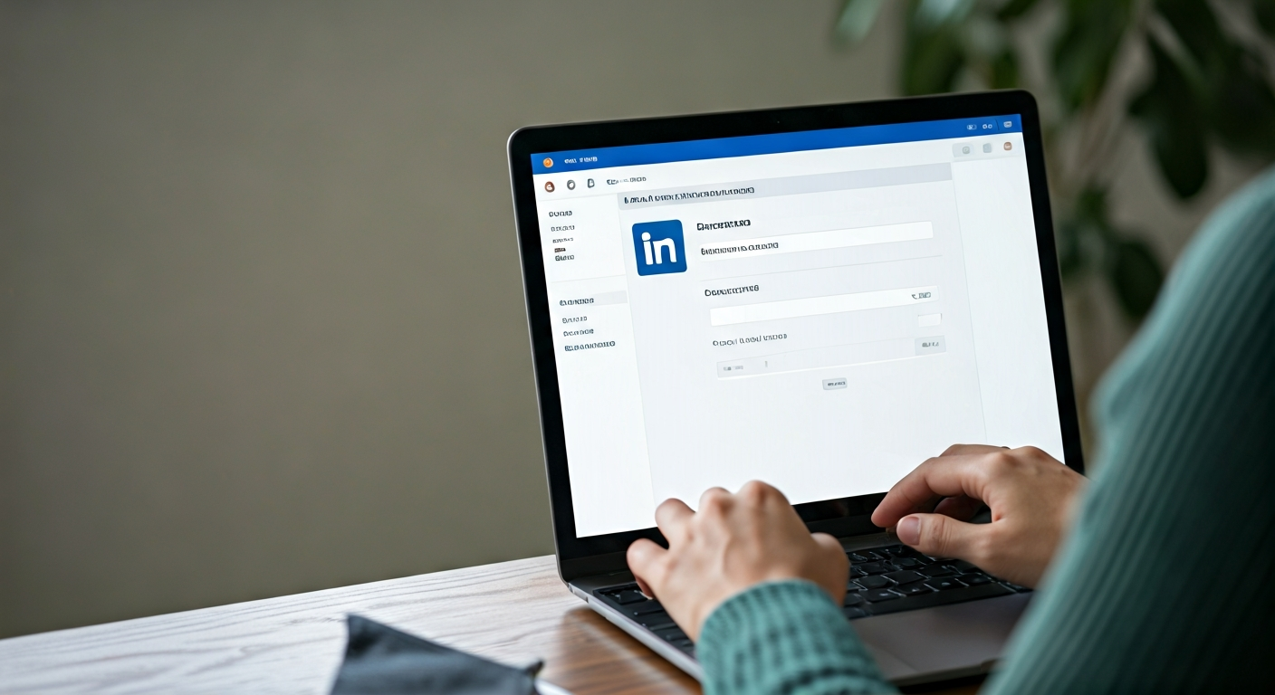 User editing their LinkedIn profile on a laptop, specifically updating the 'Experience' section to add a new promoted job title under the same company, with fields for details visible on screen.