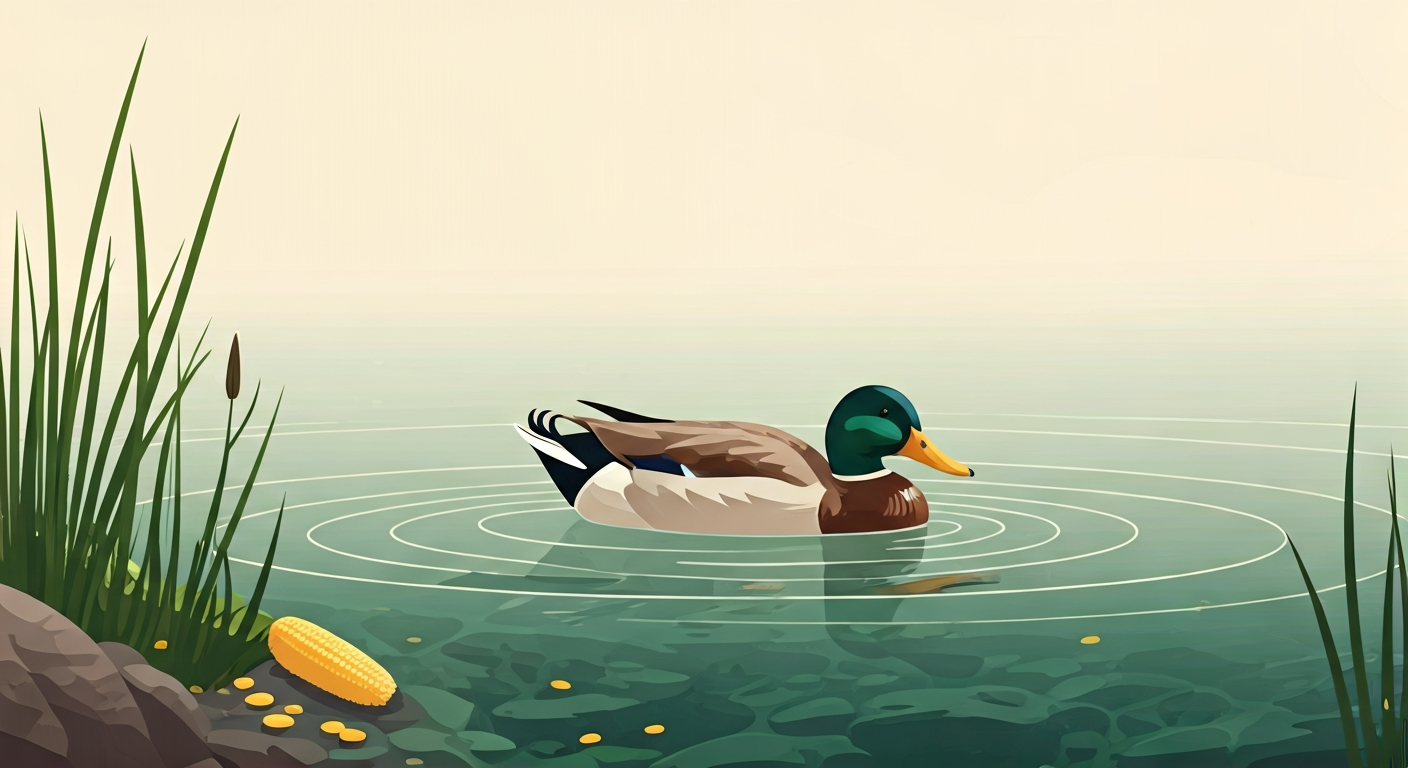 A minimalist illustration shows a duck with its head submerged, dabbling for food in clear water, surrounded by green aquatic plants and a few small insects. Golden grains of corn are visible on the bank beside the water.