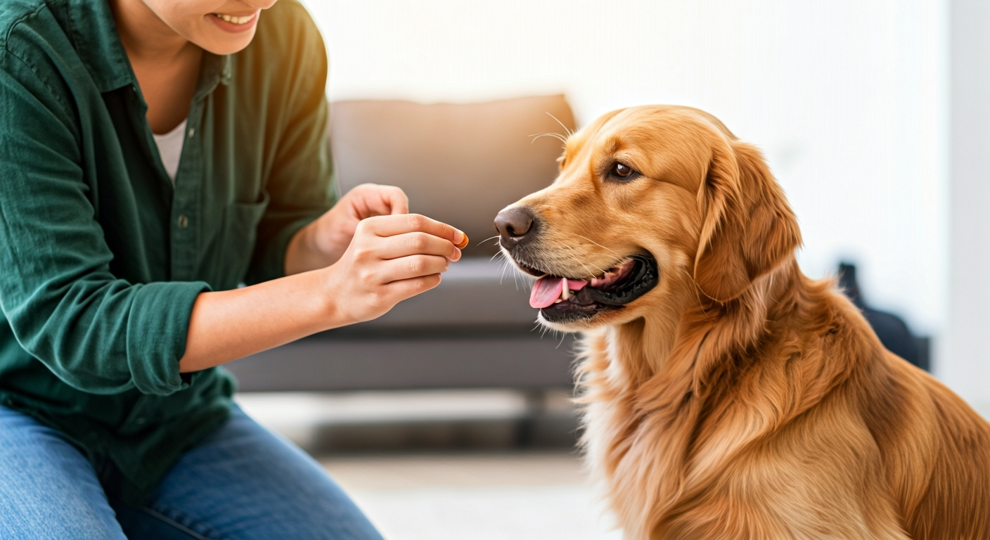 A person smiles while giving a small treat to a sitting, happy Golden Retriever as a reward for good behavior during positive reinforcement training.