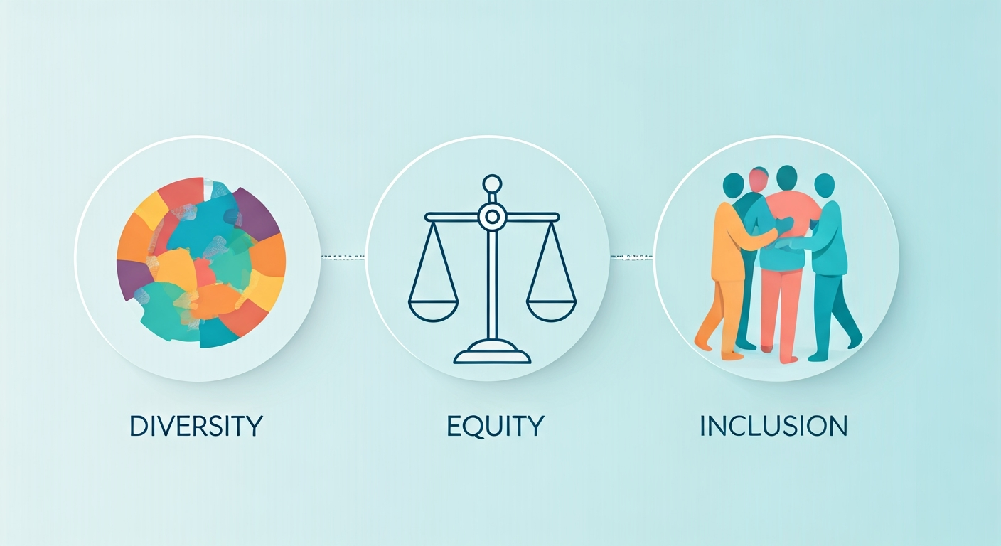 A conceptual graphic illustrating Diversity, Equity, and Inclusion with interconnected abstract shapes and symbols.