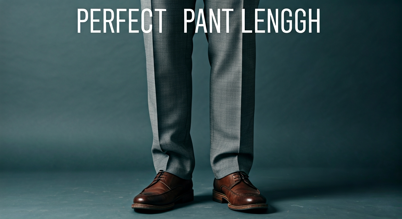 A person wearing well-fitting dark trousers with a subtle 'slight break' over their shoes, demonstrating the ideal inseam length. The image highlights the clean lines and proper drape of the fabric over the footwear. Text overlay says 'Perfect Pant Length'.