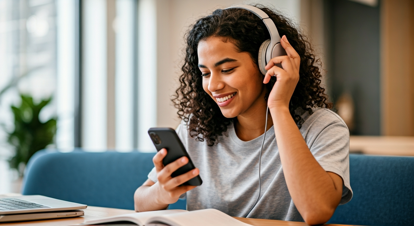 A college student smiling and listening to music on Spotify with headphones in a modern campus study area.