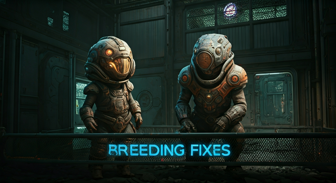 A male and female Pal stand next to each other inside a Palworld Breeding Farm, with the text 'BREEDING FIXES' overlaid, symbolizing solutions to common breeding problems.