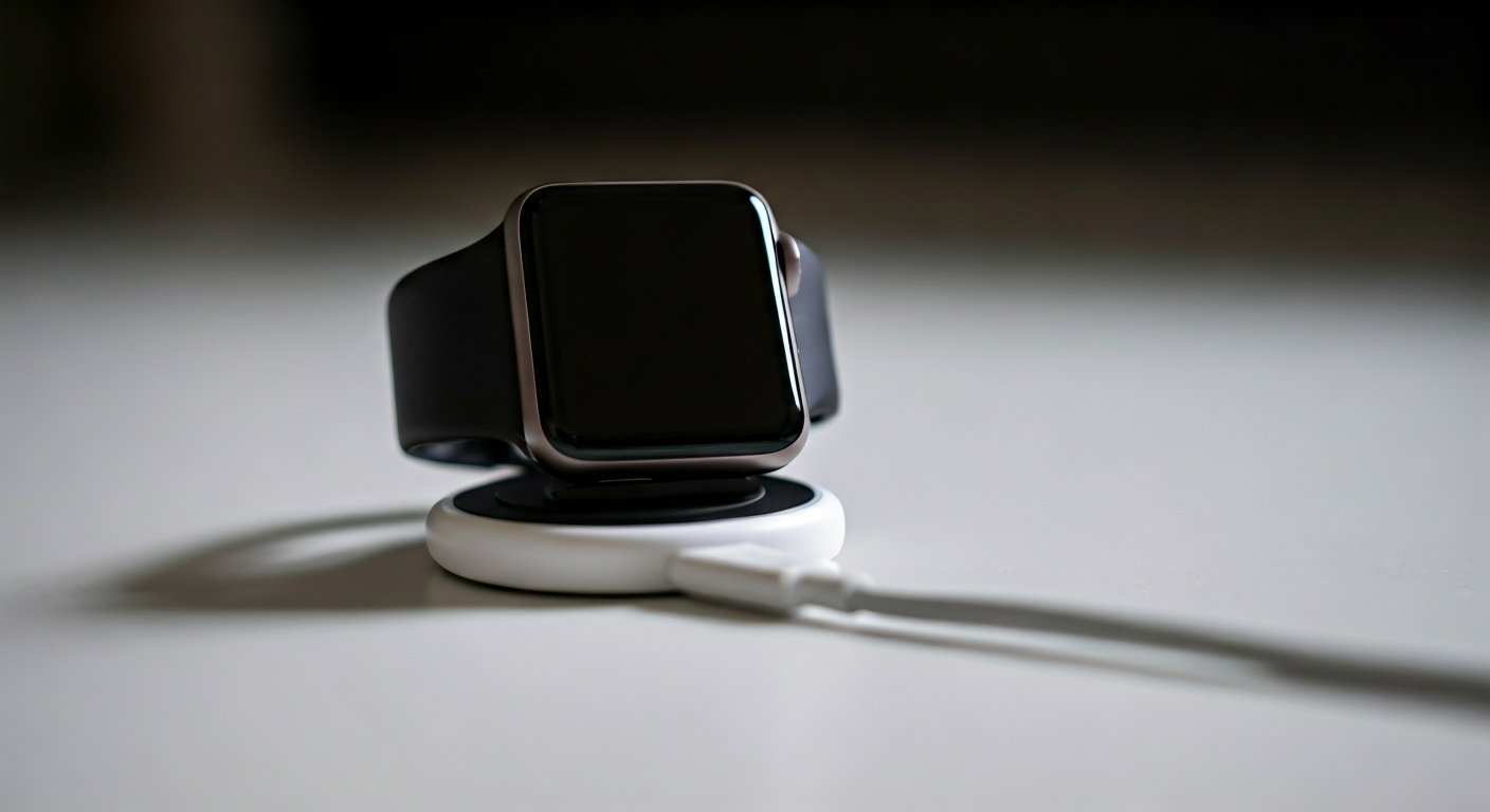 An Apple Watch Series 7 aligning onto its magnetic charging puck, with a charging icon visible on the screen. The charger is connected to a power adapter.