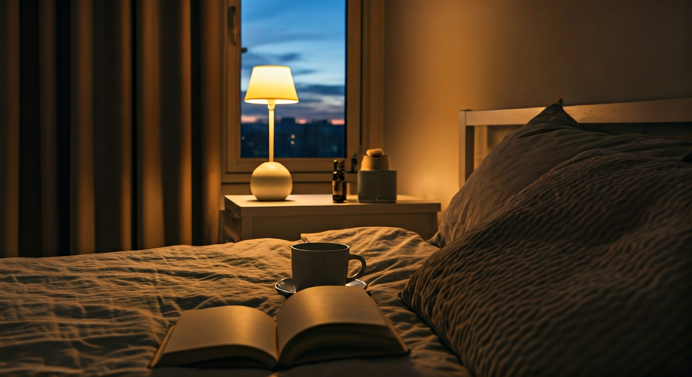 A peaceful bedroom at dusk with dim, warm lighting, showing a book and herbal tea on a nightstand, suggesting a relaxing evening.