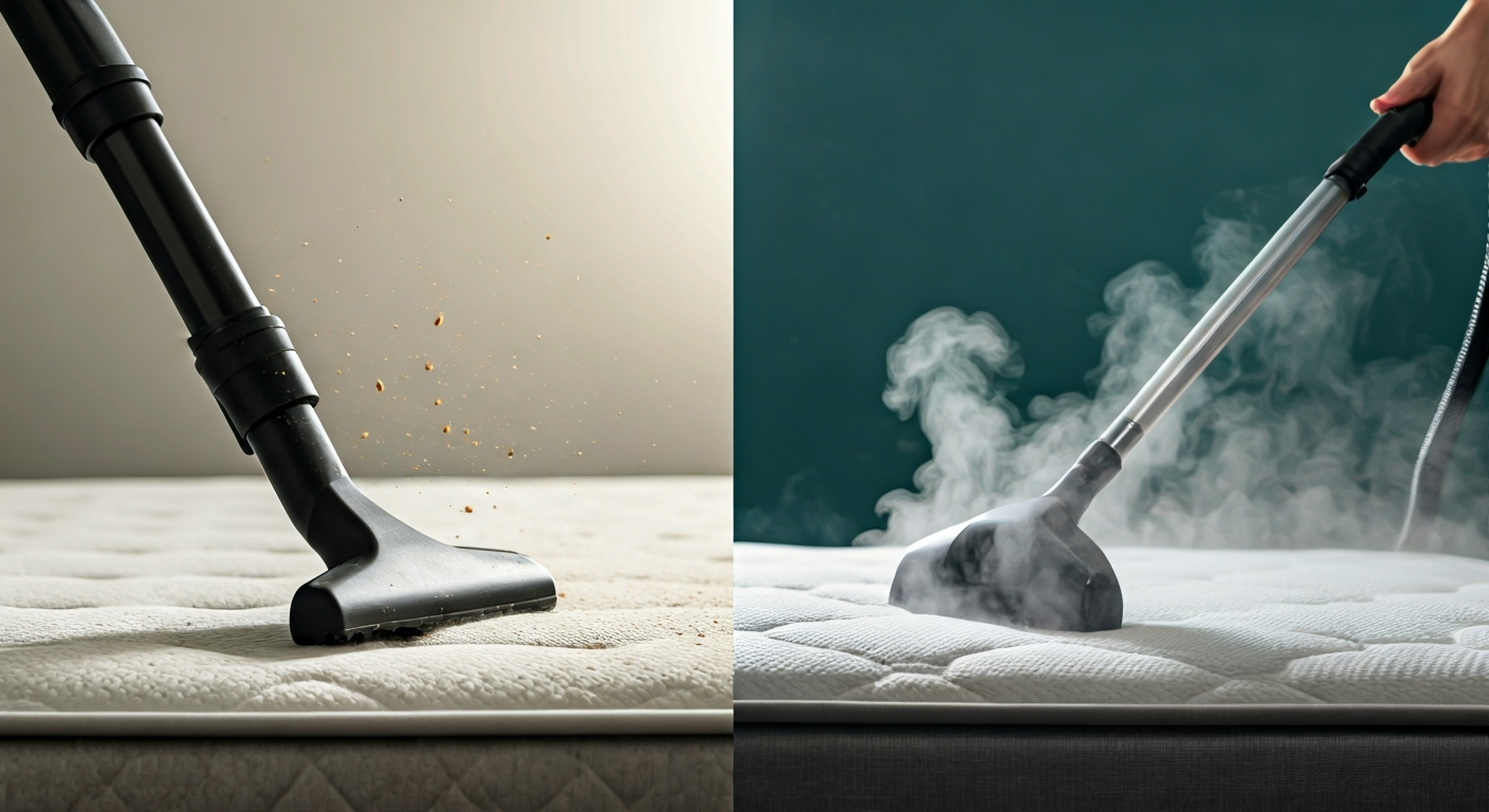 A split image showing the distinct functions of a vacuum cleaner and a steam cleaner on a mattress. On the left, a vacuum's attachment removes dust; on the right, a steam cleaner emits vapor for sanitization.