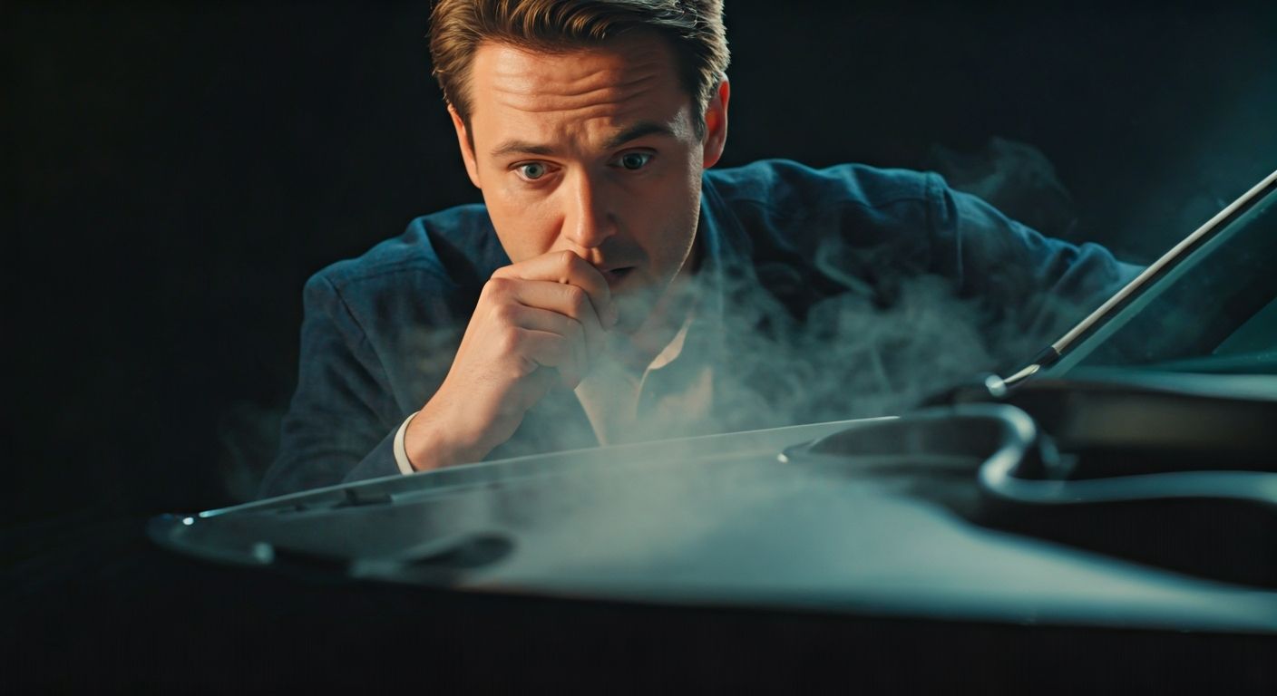 A car's engine compartment emitting steam, with a driver anxiously observing an overheating temperature gauge on the dashboard.
