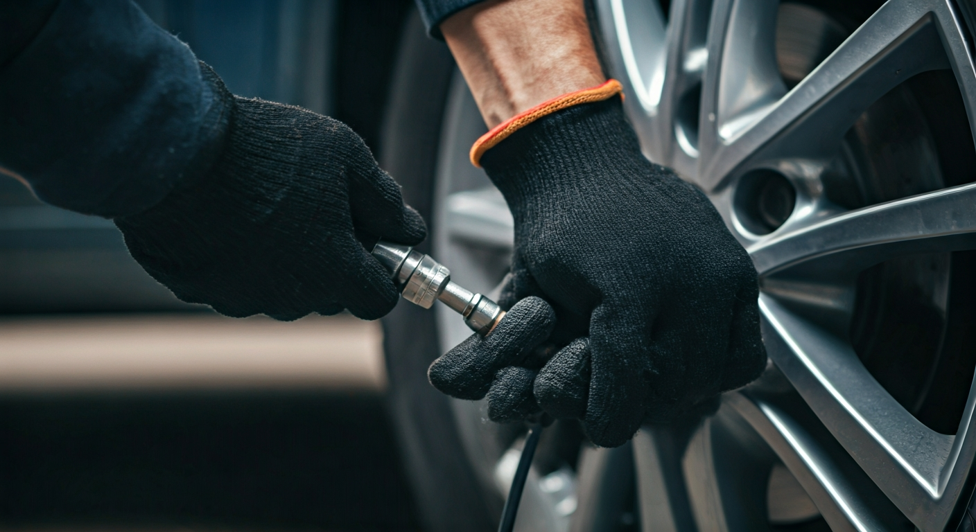 A person's gloved hands attach an air compressor nozzle to a car tire's valve stem, illustrating the tire inflation process.