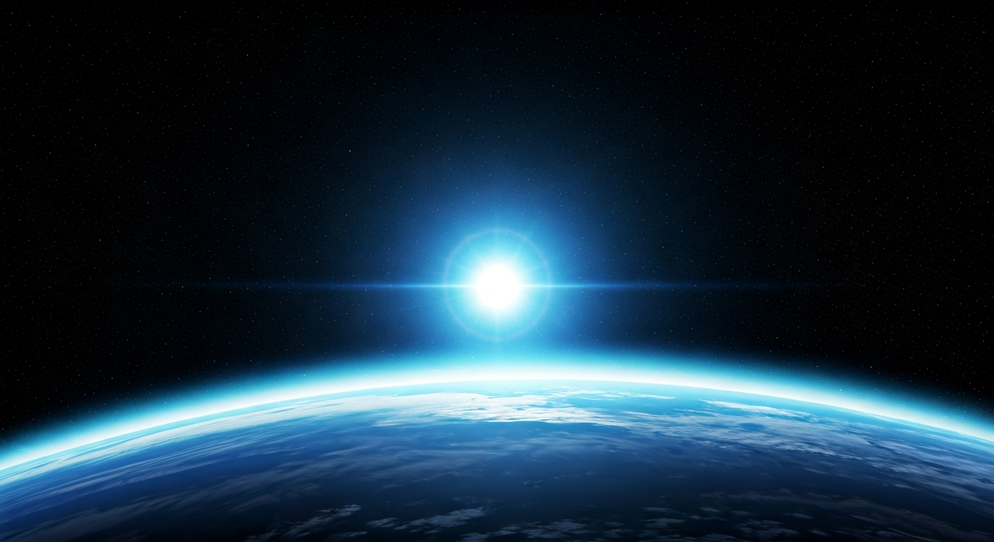 View from space showing Earth's curved blue atmosphere against the black, star-filled vacuum of outer space.