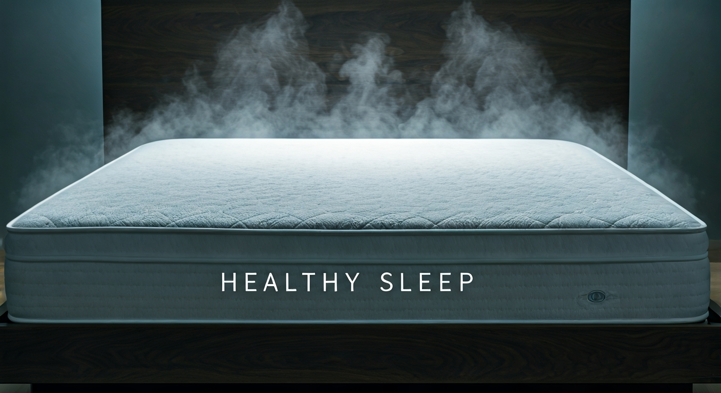 A pristine, bright white mattress, freshly steam cleaned, with the words 'Healthy Sleep' subtly integrated into the image, surrounded by a soft, clean ambiance.