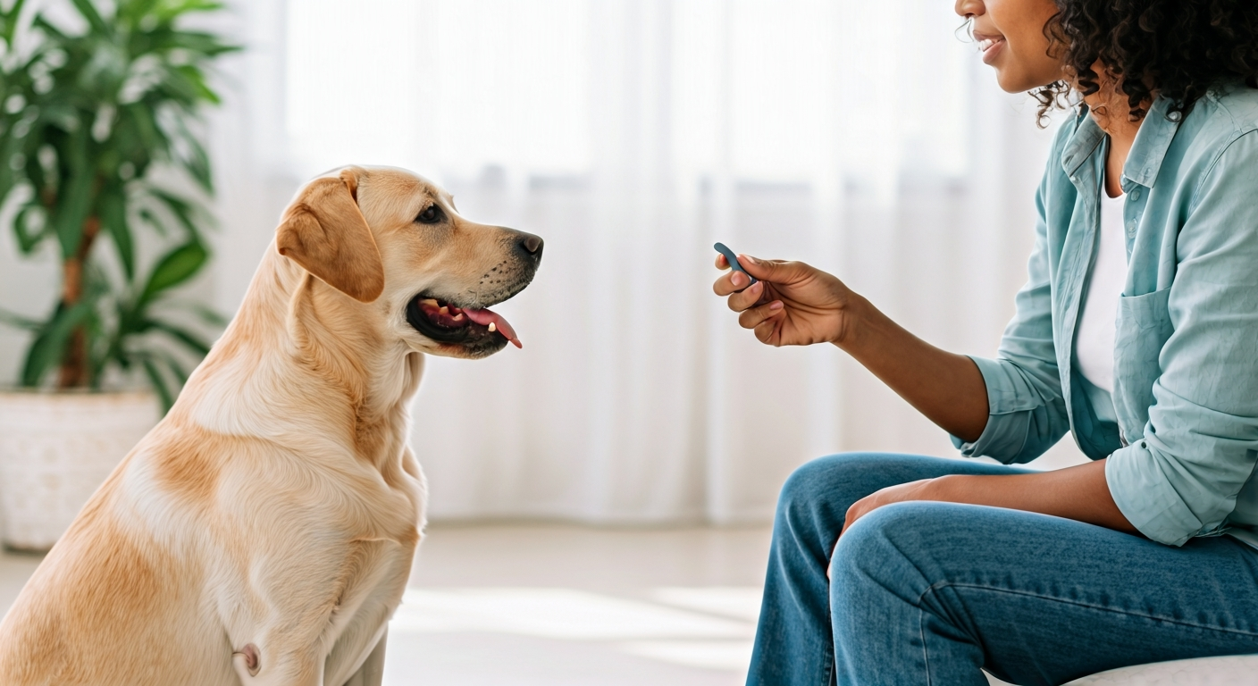 A person trains their dog using a clicker and a treat in a bright living room, demonstrating positive reinforcement and a strong bond.