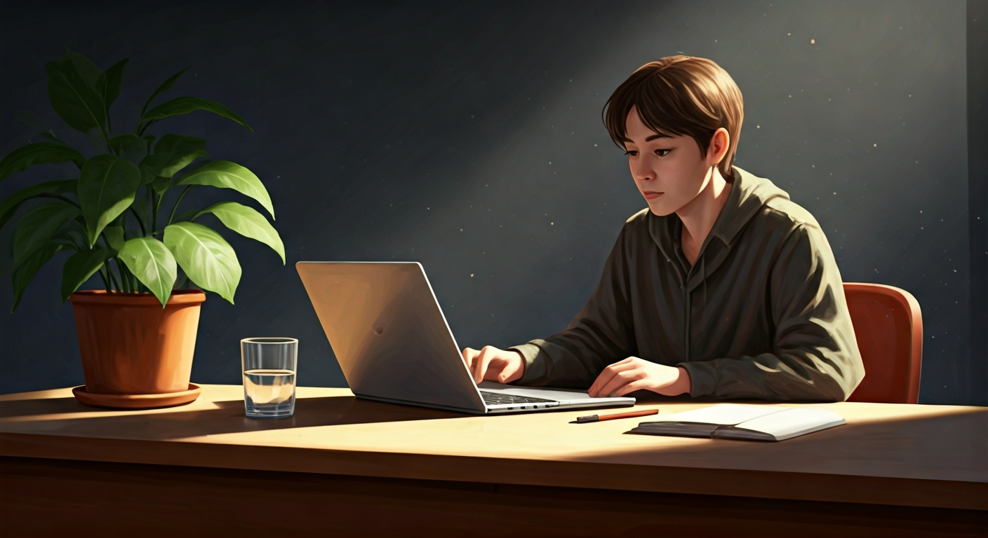 A person sitting at a desk with a laptop, looking calm and focused, with a glass of water and a plant on the desk.
