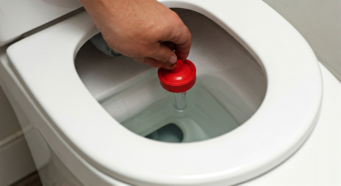 A hand inspecting a red rubber flapper valve inside a toilet tank with the water level lowered, showing the flush chain and overflow tube.