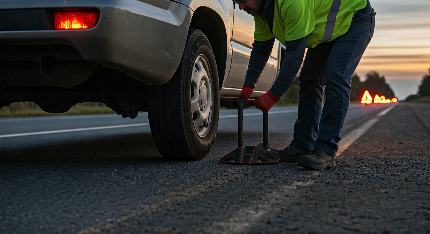 Person in high-visibility vest placing wheel chocks behind a car with hazard lights on a safe road shoulder during a tyre change.