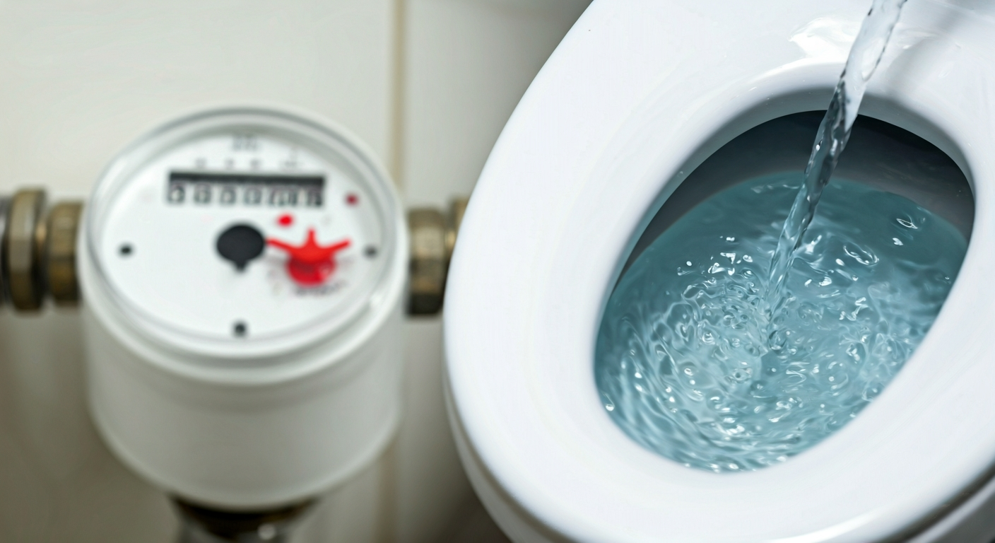 A close-up of a toilet tank with water steadily flowing into the overflow tube, juxtaposed with a rapidly spinning water meter dial in the background, symbolizing significant water waste.