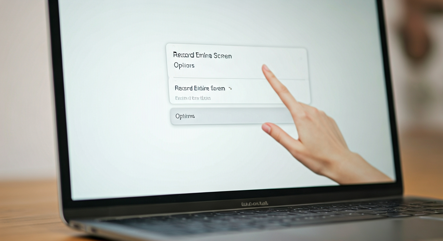A hand pointing to the screen recording options on a MacBook Pro screen, showing the macOS toolbar activated by Command + Shift + 5, with icons for recording the entire screen, a selected portion, or a window, and the 'Options' menu visible.