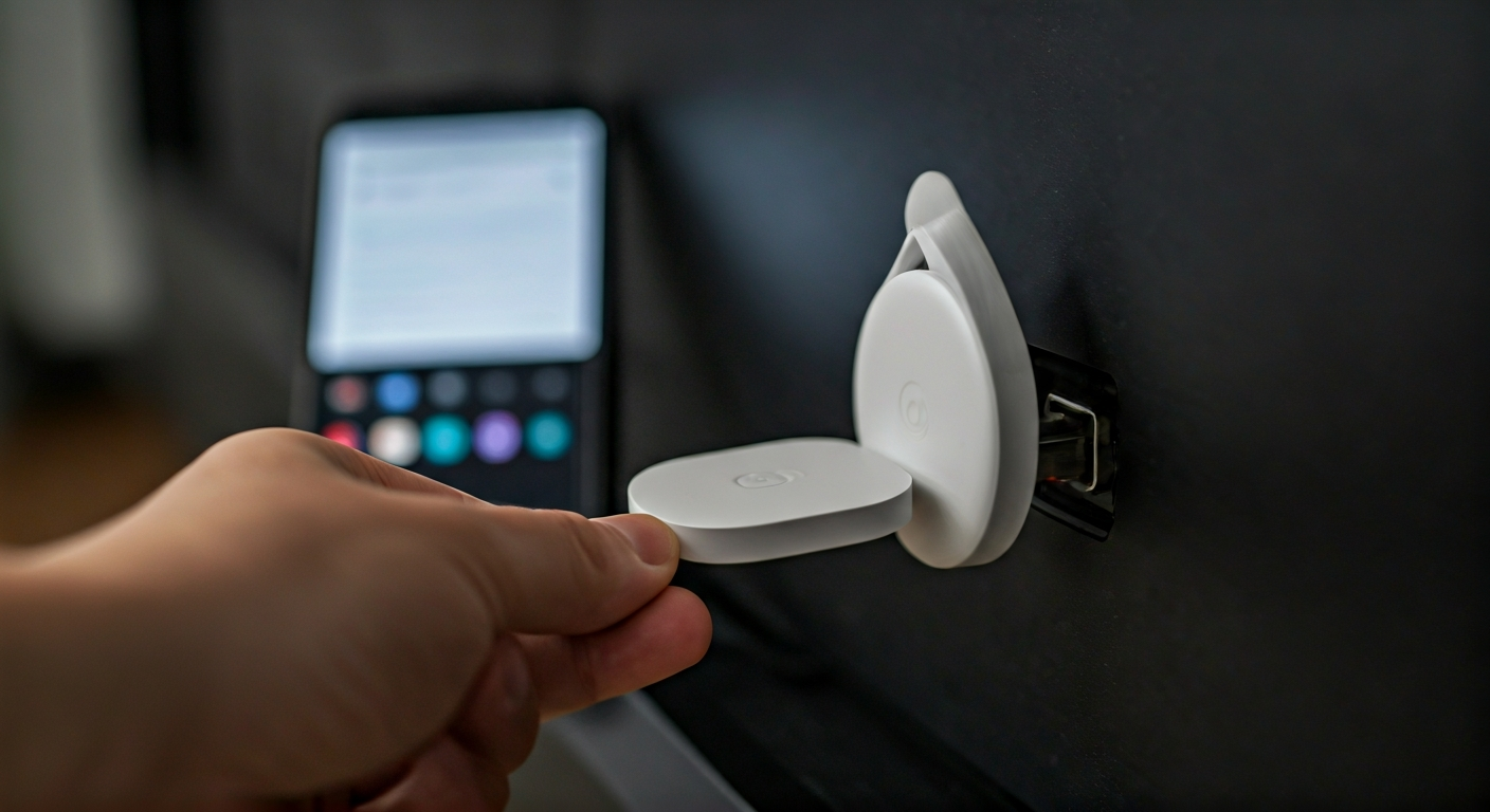 A hand connects a white Chromecast into a TV's HDMI port, with the power cable also attached. A smartphone nearby shows the Google Home app.
