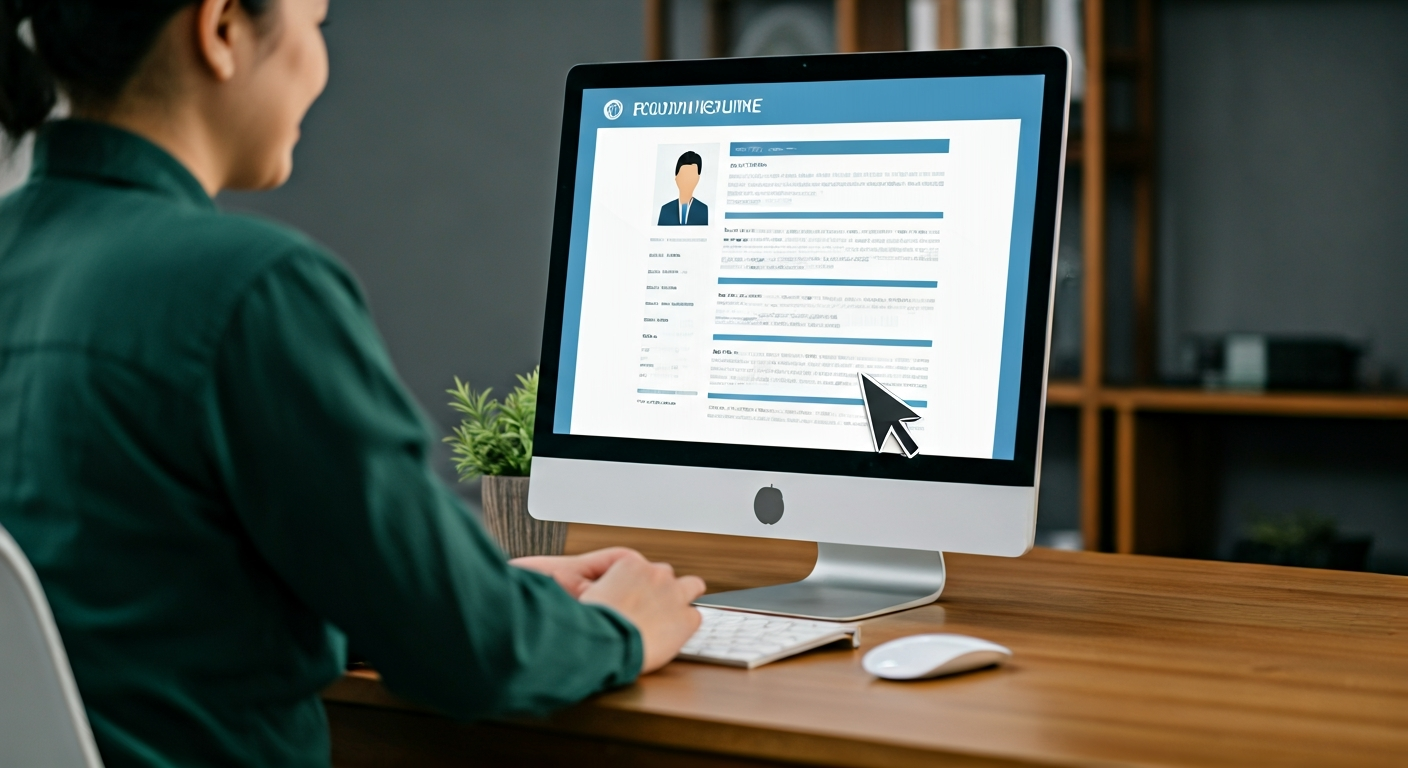 A person editing a professional resume on a computer screen. The resume displays clean, modern sections for contact, summary, experience, and skills, against an organized, bright desk background.