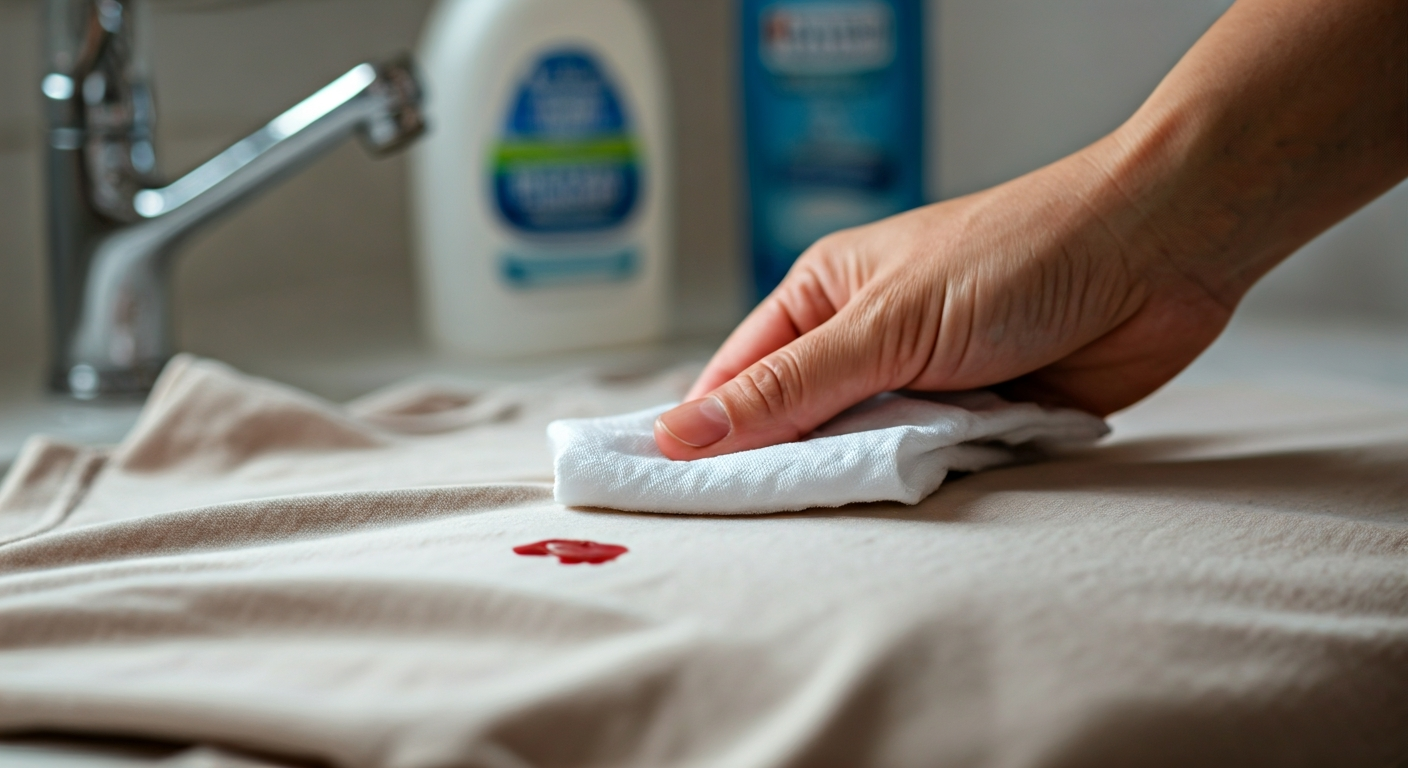 A person's hand dabbing a fresh blood stain on a light cotton t-shirt with a white cloth, near a running cold water faucet and cleaning products.