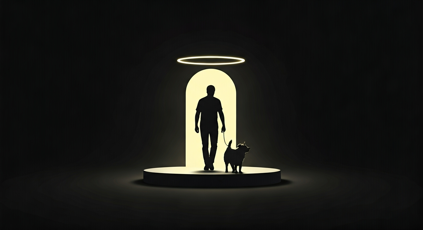 A silhouette of a person gently guiding a dog on a leash, symbolizing humane and positive dog training methods.