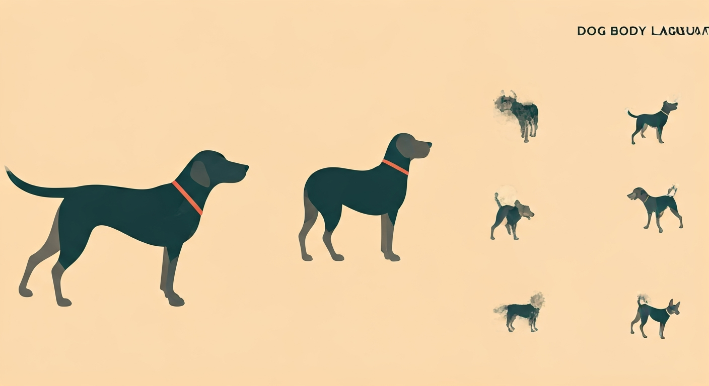 Illustration showing different dog body language signals, including tail high, tail low, ears forward, ears back, and mouth open.
