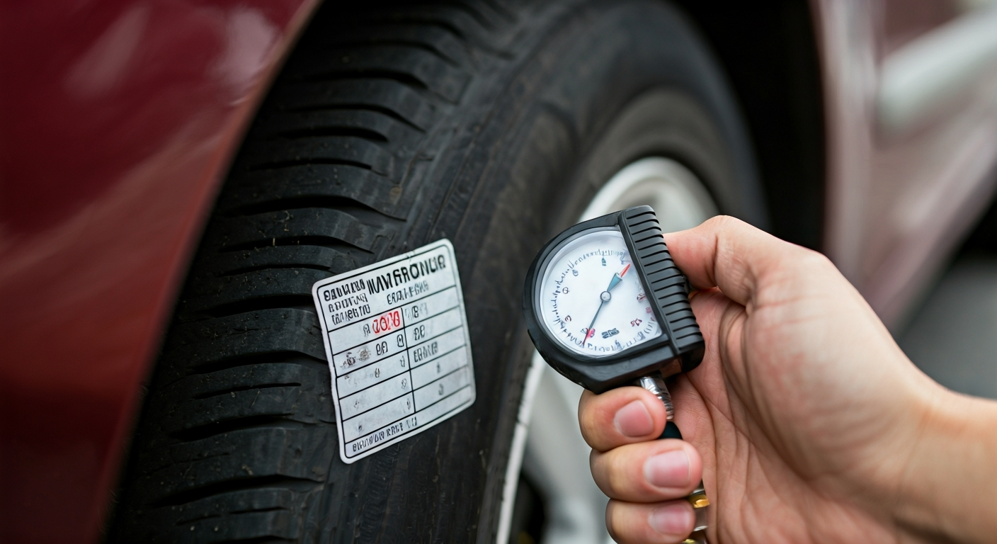 A close-up of a car's door jamb sticker displaying recommended tire pressure, with a digital gauge showing a reading and a tire in the background.