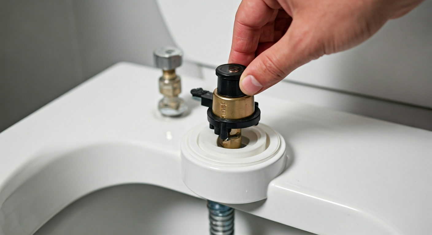 A hand adjusts the height of a toilet fill valve's float cup inside a clean toilet tank, with the water supply line visible.