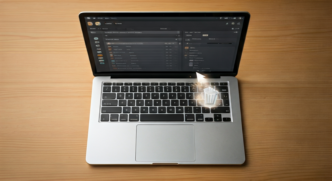 A MacBook Pro displaying the Applications folder, with a user dragging an app icon to the Trash in the Dock, illustrating the uninstallation process.