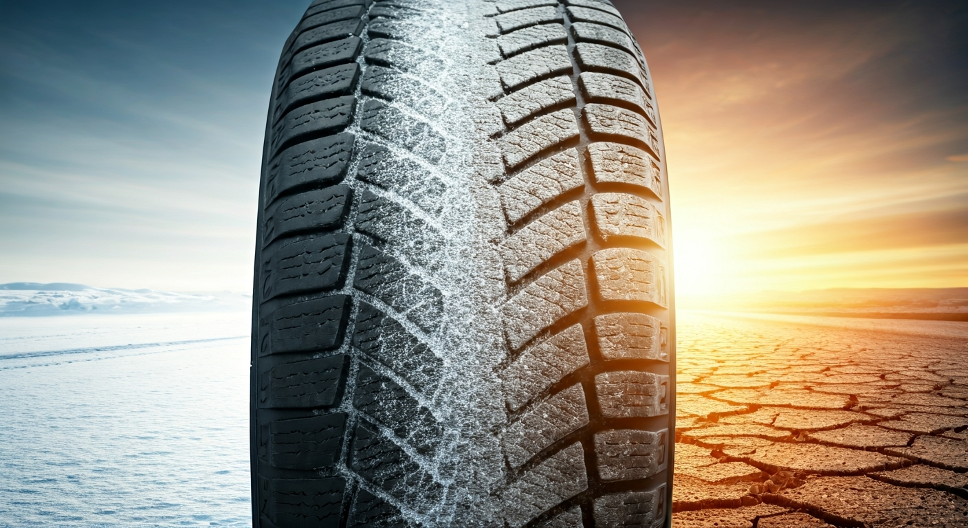 A car tire split between icy, snowy conditions on one side and dry, cracked asphalt on the other, visually representing extreme weather impacts on tire wear.