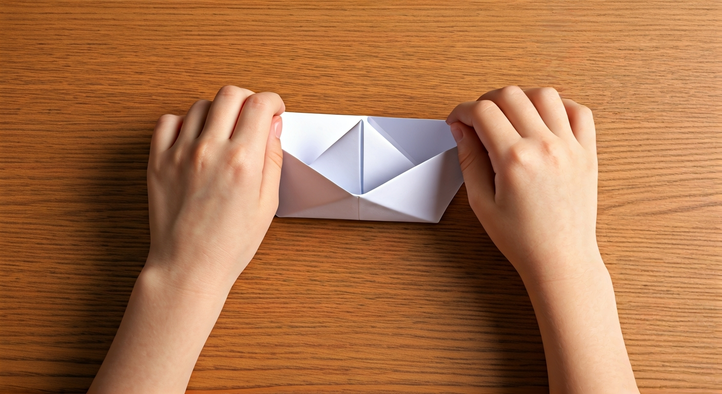 Hands pulling apart paper to form an origami boat on a wooden table.