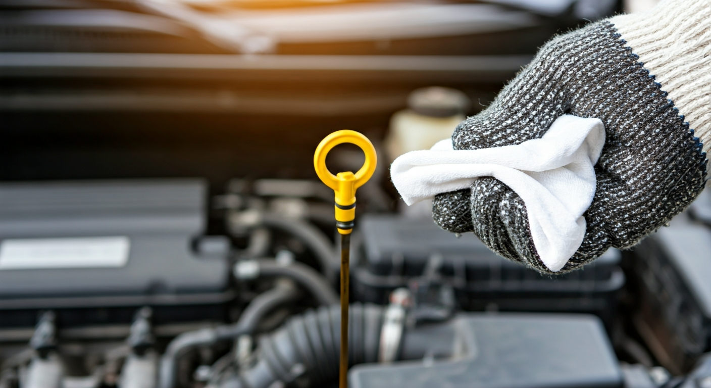 A hand pulls a yellow engine oil dipstick from a car engine, revealing oil level marks between the 'Min' and 'Max' indicators on the stick.