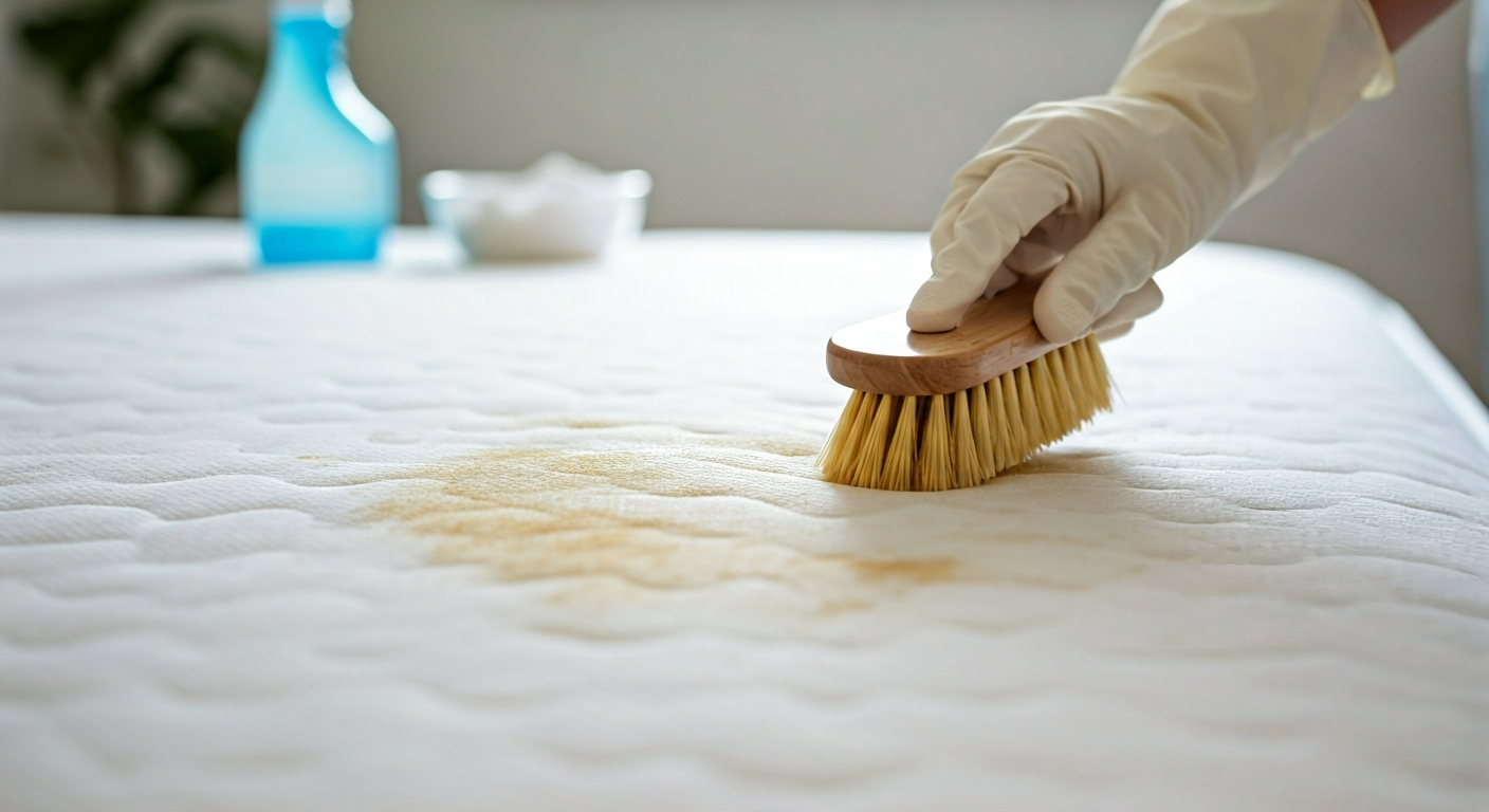 Hand in glove gently scrubbing a yellow stain on a white mattress with a soft-bristle brush. Cleaning supplies are visible nearby.