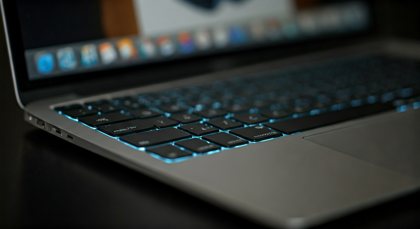A close-up of a MacBook Air keyboard with the Command, Shift, and 3 keys subtly illuminated, indicating a full-screen screenshot action.