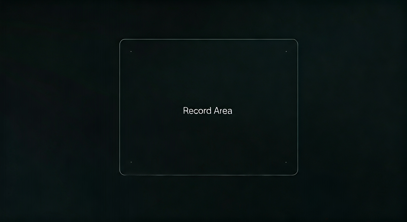 A MacBook laptop screen showing a specific, user-defined rectangular area highlighted with a recording boundary, with the words 'Record Area' overlaid, indicating a targeted screen recording in progress.