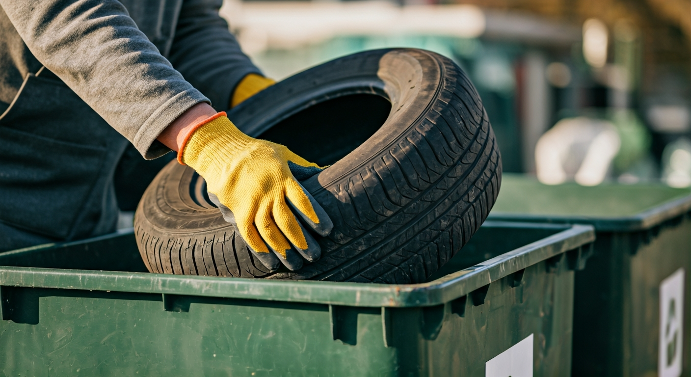 A person in work gloves deposits an old car tire into a clearly marked recycling bin at a waste facility. The scene emphasizes responsible disposal.