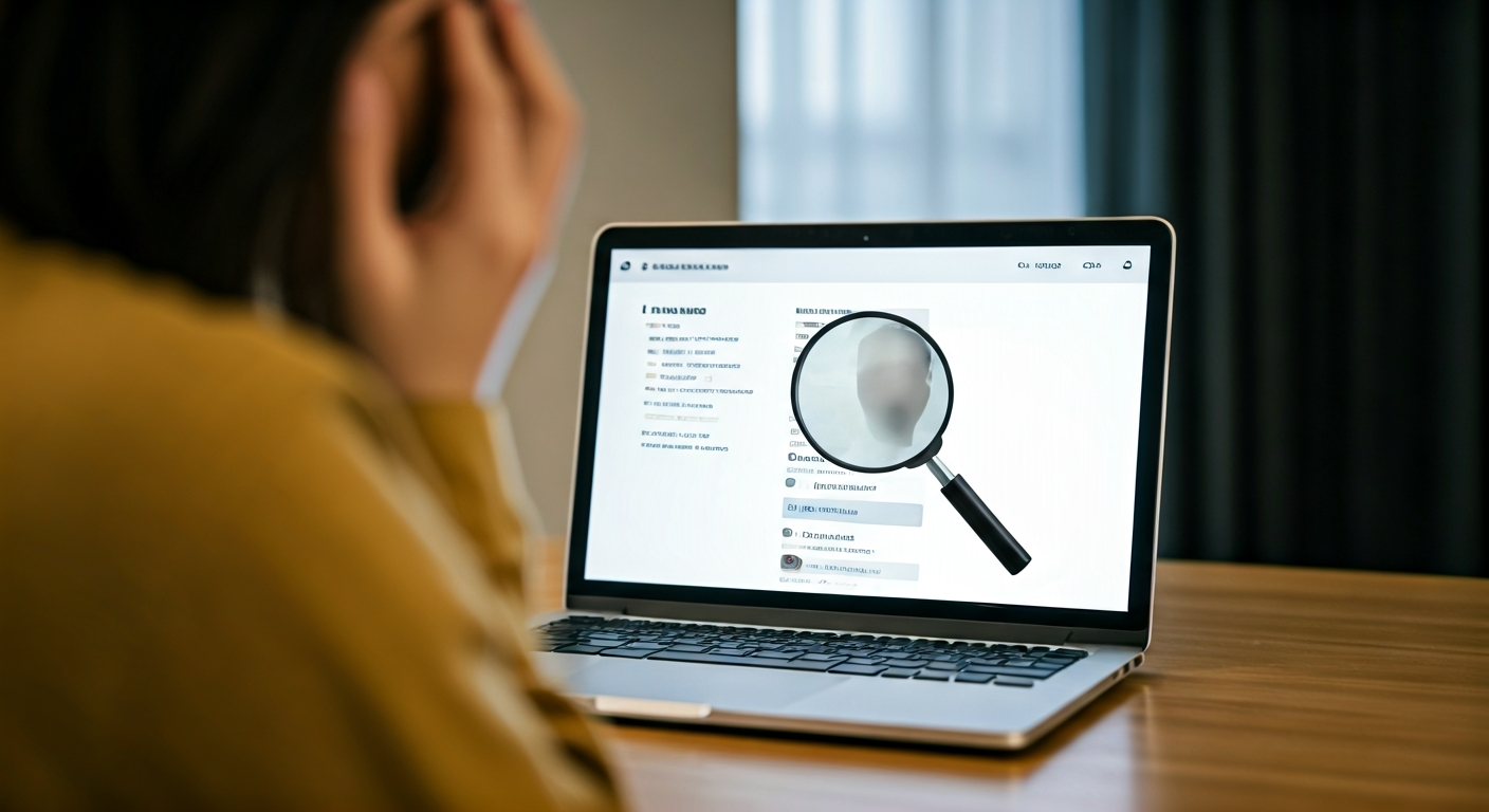 A person looking intently at a laptop screen, which displays a LinkedIn profile. Their brow is furrowed in concentration. A digital magnifying glass is superimposed over the 'Settings & Privacy' section of the LinkedIn interface, highlighting the focus on troubleshooting visibility issues.