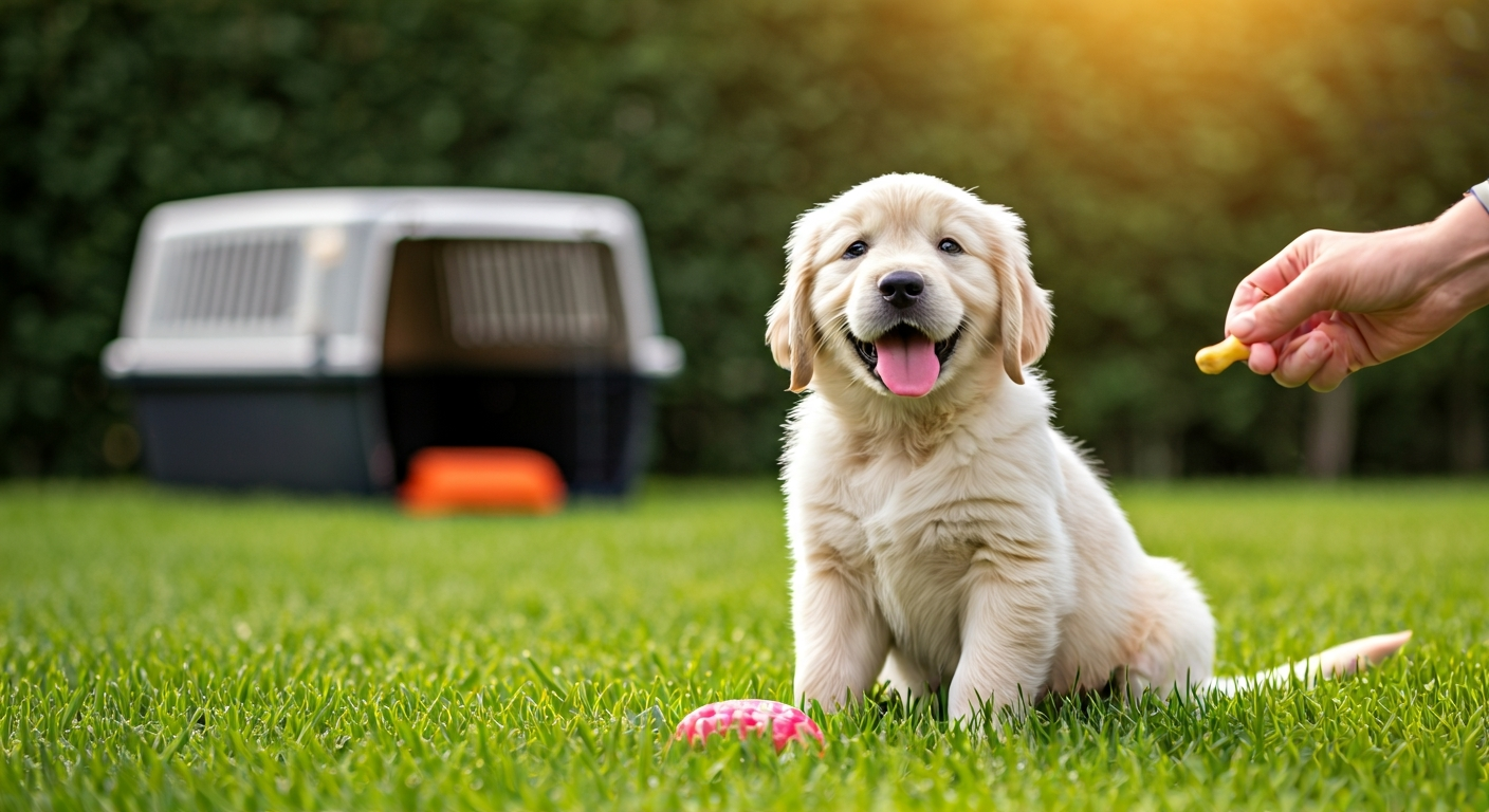 Golden Retriever puppy happily sitting on green grass, receiving a treat after successfully going to the bathroom outside, with a crate in the background.