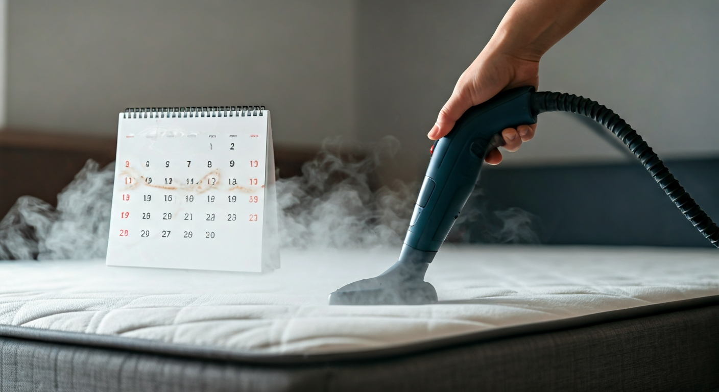 A person steam cleaning a mattress surface with visible steam, emphasizing regular mattress hygiene. A subtle calendar in the background indicates cleaning intervals.