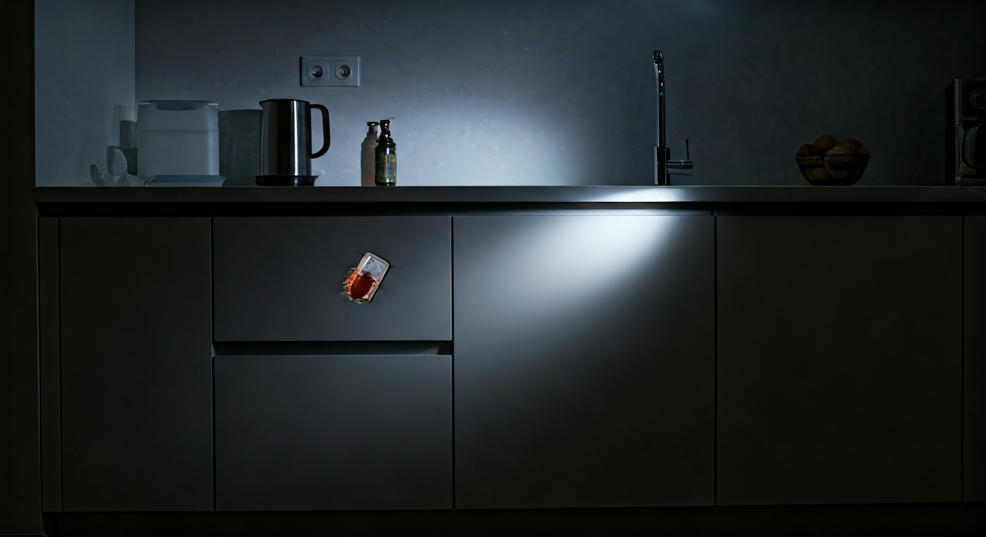 A subtly lit, clean kitchen with discreet cockroach bait stations under the sink and caulked cracks, representing effective pest control. A flashlight beam highlights the treated areas.
