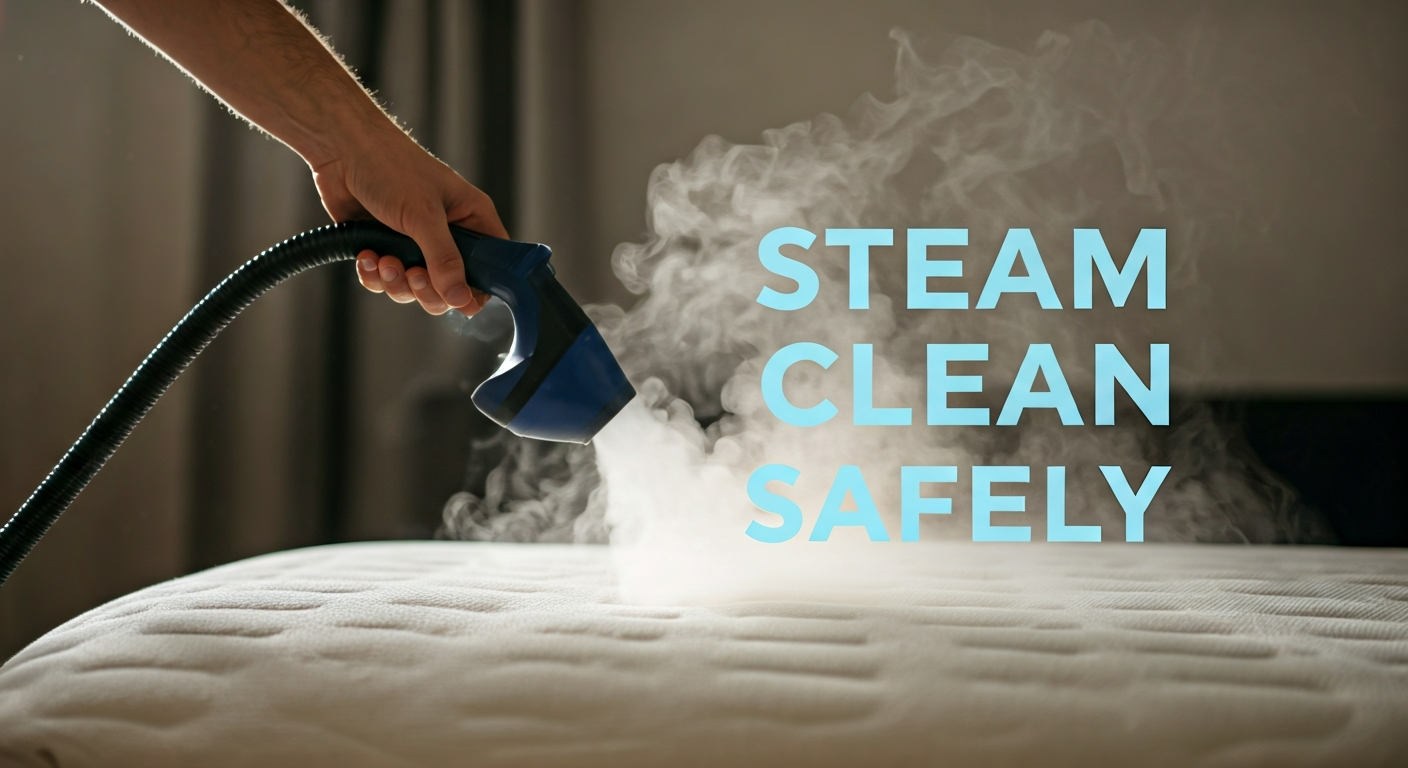 A hand using a handheld steam cleaner on a mattress, emitting a fine mist, with 'Steam Clean Safely' text visible.