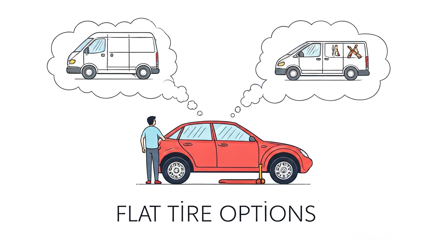 A driver contemplating options for a flat tire, with visual representations of roadside assistance arriving and tools for a DIY repair, illustrating the choice between professional help and self-service.