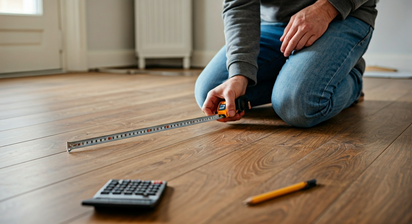 A person measures a room's length with a tape measure, calculator and notebook visible, demonstrating how to calculate square feet for home renovation.