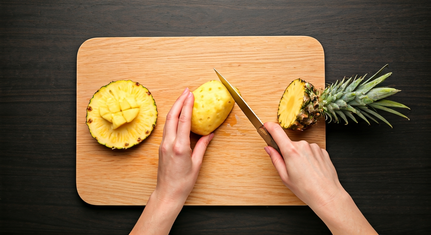 Step-by-step demonstration of cutting a pineapple, showing hands using a knife to remove the crown, base, skin, and eyes, and then dicing the fruit.