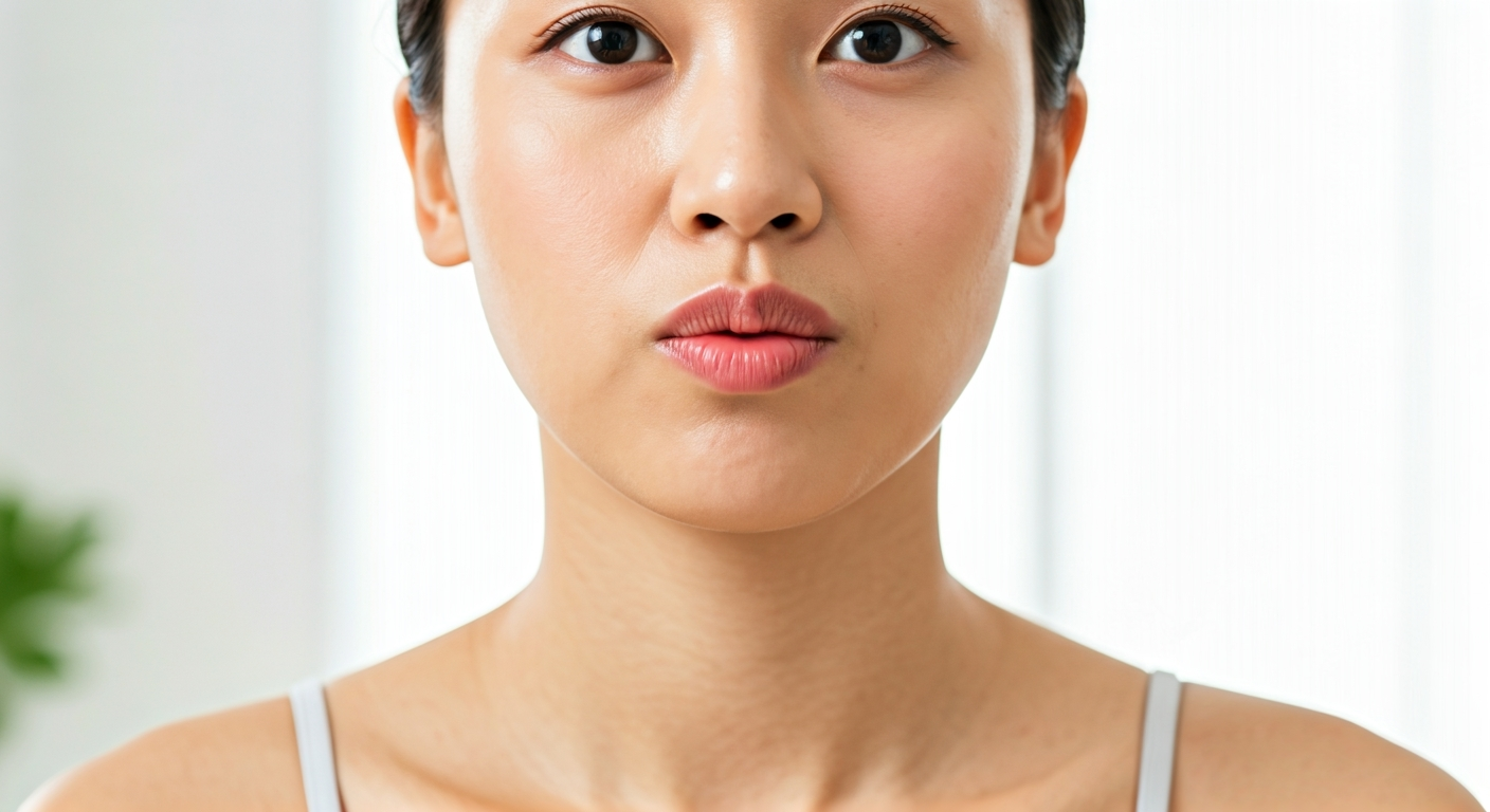 Person performing a subtle facial exercise to reduce a double chin, demonstrating a chin-pout while tilting their head upwards, highlighting jawline muscle engagement and good posture.