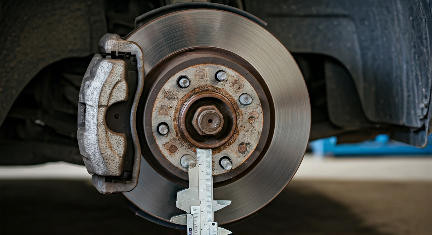 Close-up of a brake pad being measured with a caliper, showing its remaining thickness against the rotor and caliper.