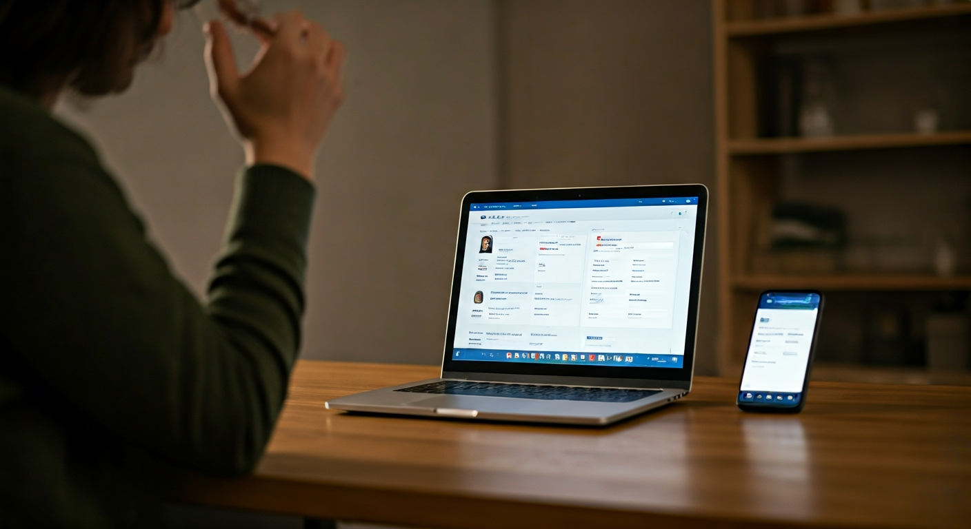 A person looking at a laptop with a LinkedIn profile not updated, while a smartphone beside it shows the LinkedIn app. The browser shows an incognito window, hinting at troubleshooting steps. The overall mood is slightly frustrated but determined to fix the issue.